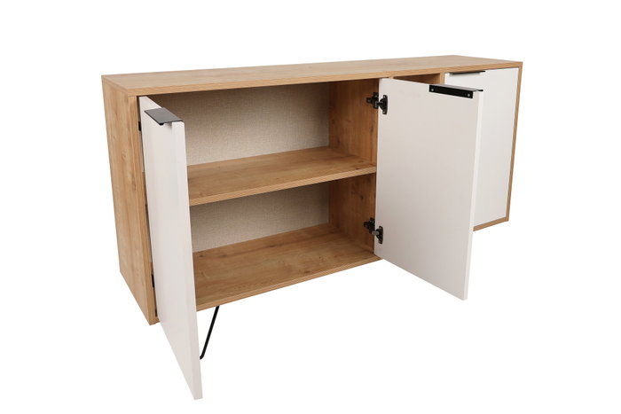 Hanah Home Consola Roble, Blanco. Fabricada 100% en tablero de partículas revestido de melamina con patas metálicas. Medidas: 142x83x35.6 cm.
